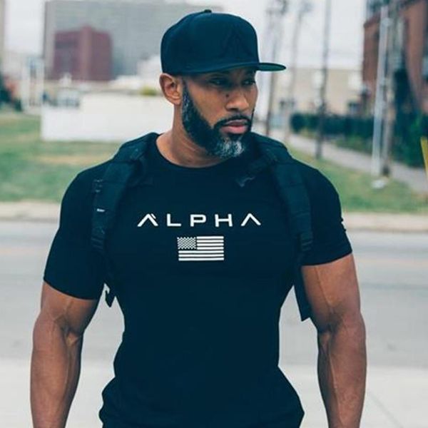

men short sleeve cotton t-shirt casual fashion slim t shirt male gyms fitness bodybuilding workout tee shirt alpha clothing sh190824, White;black