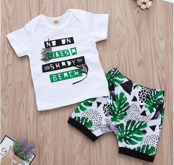 

boy palm leaf short sleeve t-shirt and short pants set baby summer letter print and trousers suit kids clothes two pieces zht 205, White