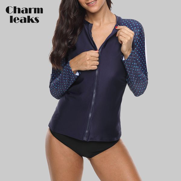

charmleaks women long sleeve zipper rashguard shirt swimsuit polka dot swimwear surfing bike biking shirt rash guard upf50, White;black