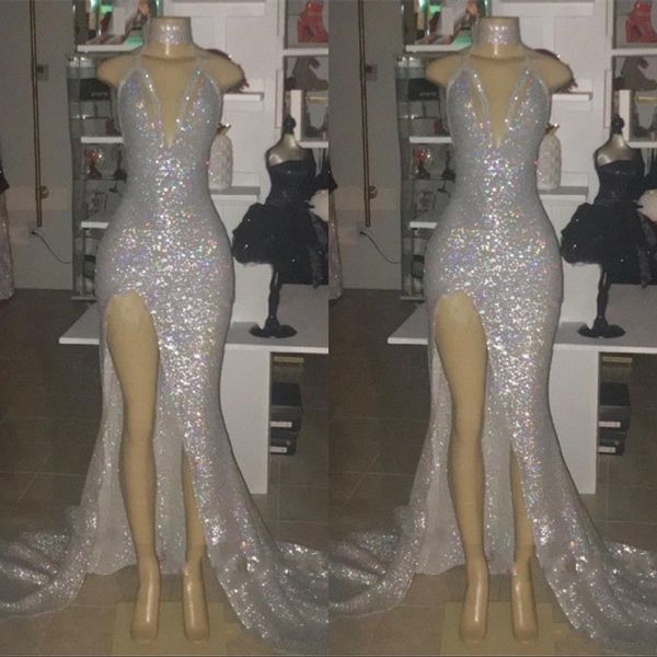 Sexy profundo decote em v alto divid vestidos de baile 2019 prata sereia lantejoulas africano vestidos vestidos mulheres árabe evening party dress