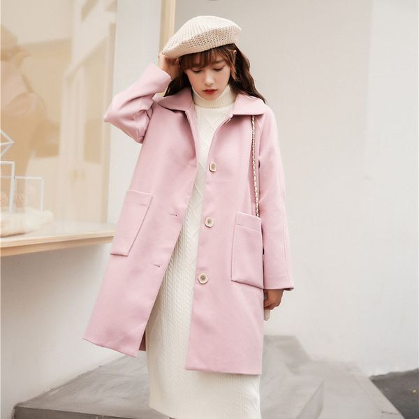 

single-breasted loose botton outerwear warm solid women winter jacket woolen coat wool coat turn-down collar female 2019 new, Black