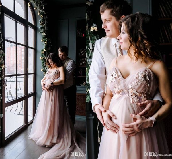 

dusty pink hand made flowers a-line pregnant evening dress long spaghetti tulle backlss prom dresses formal party pgraphy gown, Black;red