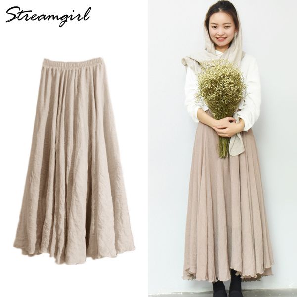 

summer long linen skirt women beach white vintage skirt high waist long skirts for women cotton boho skirts linen maxi 2019, Black