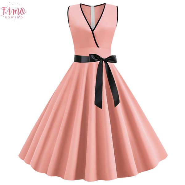 

light blue pink pleated vintage dress women sleeveless v neck 50s 60s pinup swing summer dresses solid, Black;gray