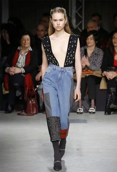 

casual loose splice cotton jeans woman 2019 new style panelled beading loose vintage overalls ankle-length pants wholesale, Blue