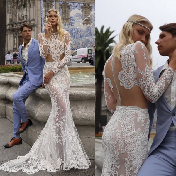 

charchy mermaid wedding dresses 2020 lace appliqued illusion sweep train beach bridal gowns custom made long sleeve wedding dress bohemian, White