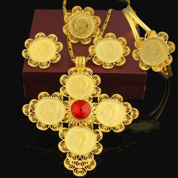 

big size cross ethiopian wedding jewelry 24k gold color rhinestone jewelry set african bridal sets for women, Slivery;golden
