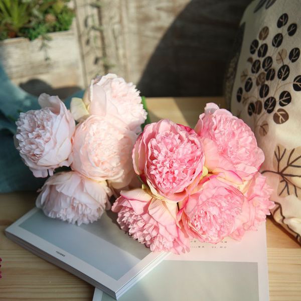 

1x bouquet 5 head well made artificial silk fake flowers peony floral wedding bouquet bridal hydrangea party decor pink blue f1