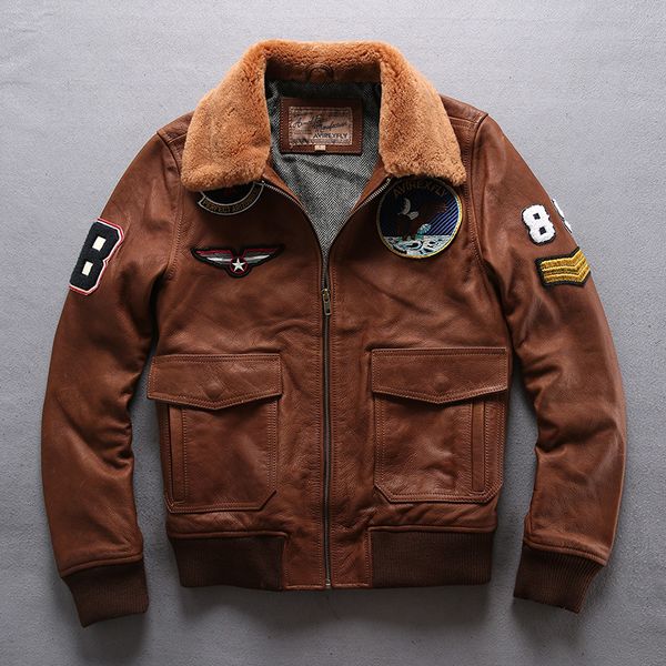 

2020 men's real fur collar militaly flight jacket brown genuine leather jacket men leather bomber coat male, Black