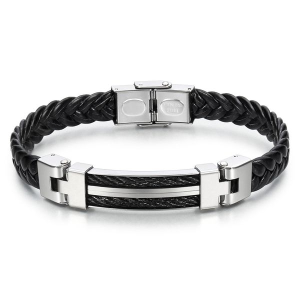 

2019 new fashion men knitting leather bracelet personality retro titanium steel male bangle bracelets jewelry, Golden;silver