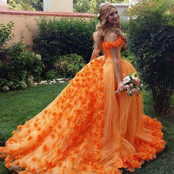 Vestido de bola laranja Quinceanera Vestida Off Ombro 3D Floral Appliques Vestido de Prom Lace Up Feito Personalizado Feito Doce 16 Vestidos Robes de Soirée