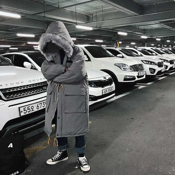 

2019 new men's long coat coat casual street winter thick warm youth hooded windbreaker personality trend clothes, Black