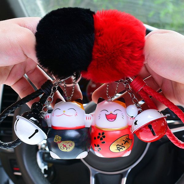 

cartoon cute lucky cat rabbit fur pom pom keychain fur pompons key ring women car bag key chains pendant trinkets porte clef, Slivery;golden