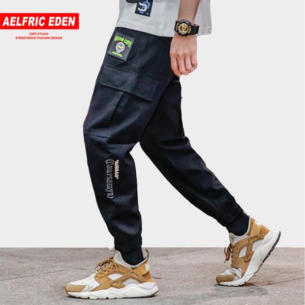

aelfric eden letter embroidery cargo pants men 2019 spring autumn fashion trousers male multi-pockets drawstring harem joggers, Black