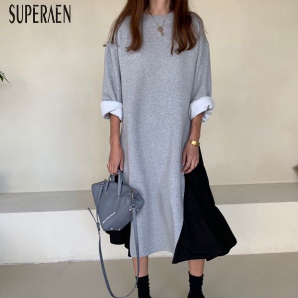 

superaen korean style women long dress solid color cotton ladies dress autumn new 2019 long sleeve female, Black;gray