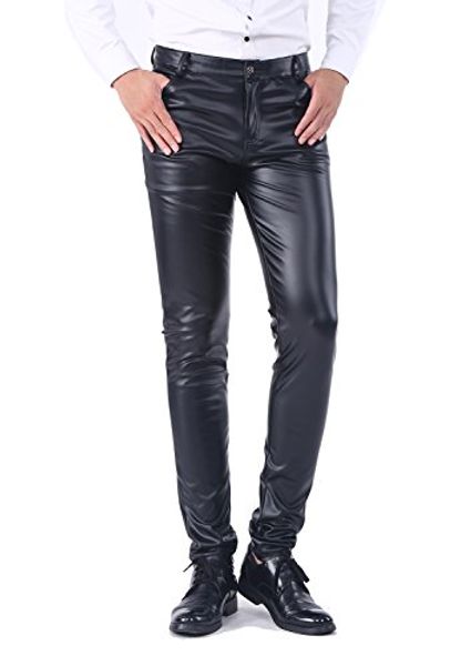 

idopy men`s business slim fit five pockets faux leather pants jeans, Blue