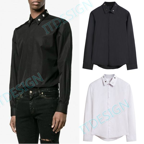 

chemise decontractee homme men studs matel stars embroidery patches long sleeve cotton casual shirt fashion design, White;black