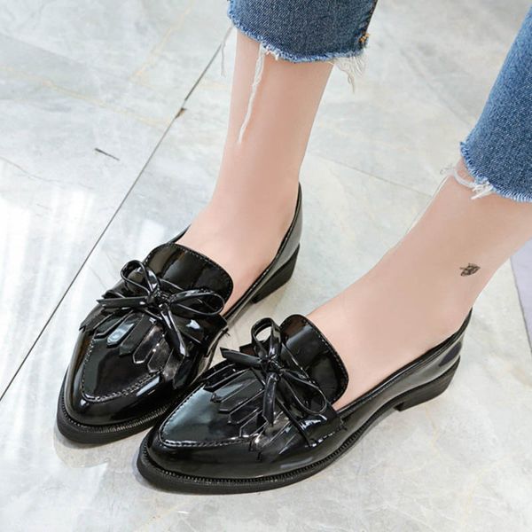 

women derby leather brand oxfords tassel bowtie female casual pointed toe slip on flats ladies comfort autumn brogue shoes, Black