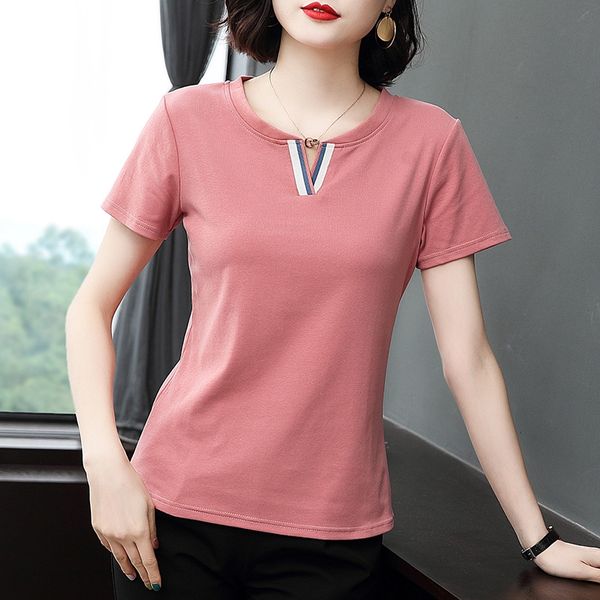 

тонкий короткий рукав сплошной цвет женщин 2020 летняя v-образным вырезом среднего возраста матери хлопок половина top coat футболка топ рук, White