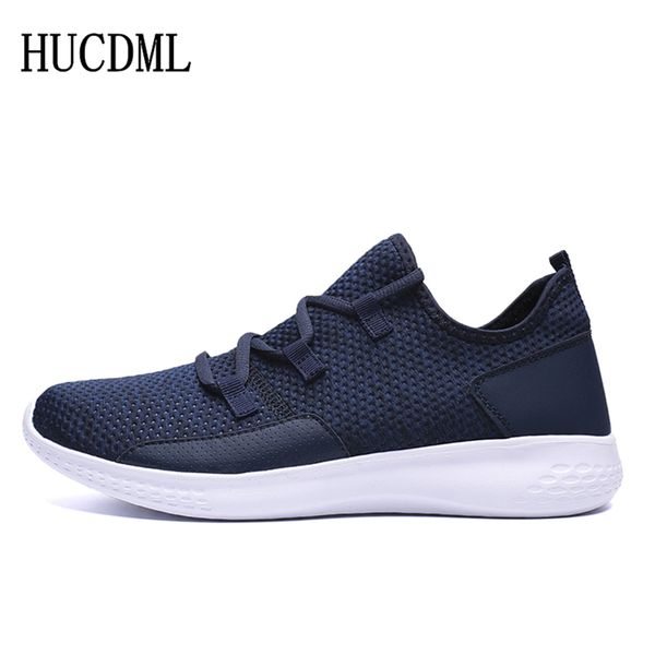 

hucdml 2019 summer flaknit mesh breathable soft sneakers outdoor comfortable shoes lace-up men casual shoes big size:39-47, Black