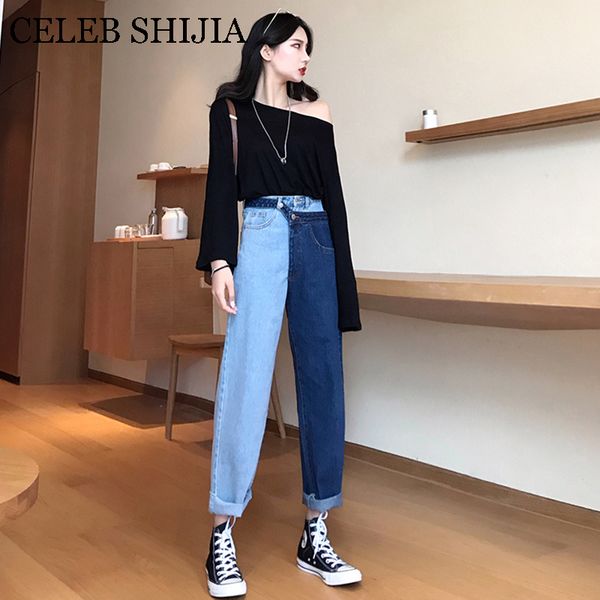 

2019 new autumn woman jeans detachable fake two piece denim half cool half fashion trousers for female korean style pants lady, Blue
