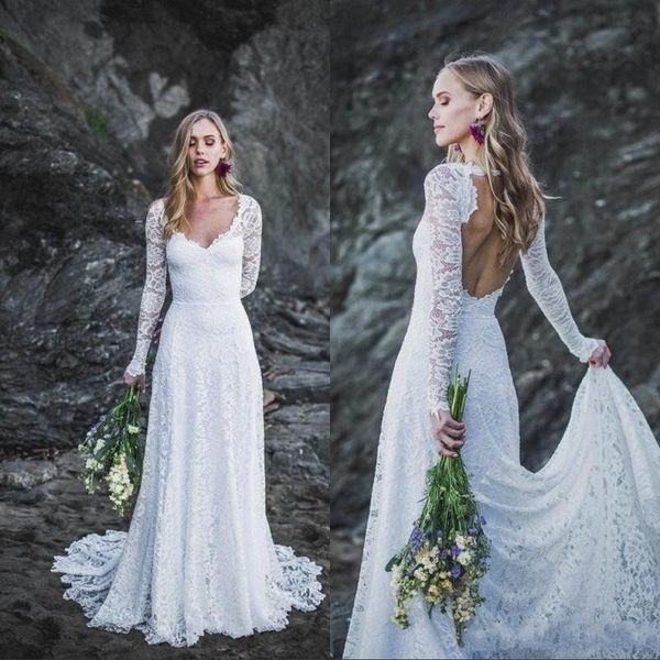

simple lace long sleeves beach bohemian wedding dresses 2020 v neck open back a line formal gowns for bride, White