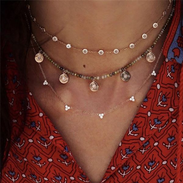 

new boho fashion crystal pendant necklaces for women vintage gold flower color stone necklace multilayer female jewelry gift, Silver