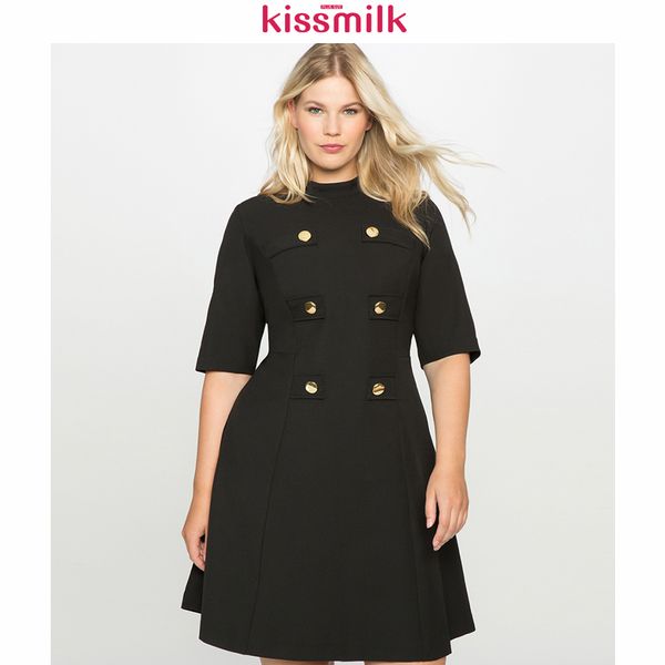

kissmilk большого размера металл двубортного декоративное half-high collar пятиконечных рукава талия-line богемского ретро платье trend, Black;pink