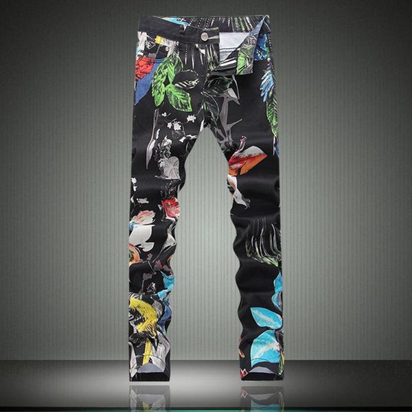 

wholesale-winter floral printed mens jeans black biker jeans 2016 new designer denim overalls men brand clothing