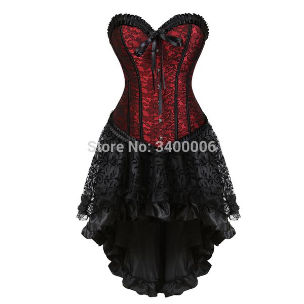 

corset with skirt high low set dress exotic push up corsets and bustiers flower print halloween costumes plus size red, Black;white