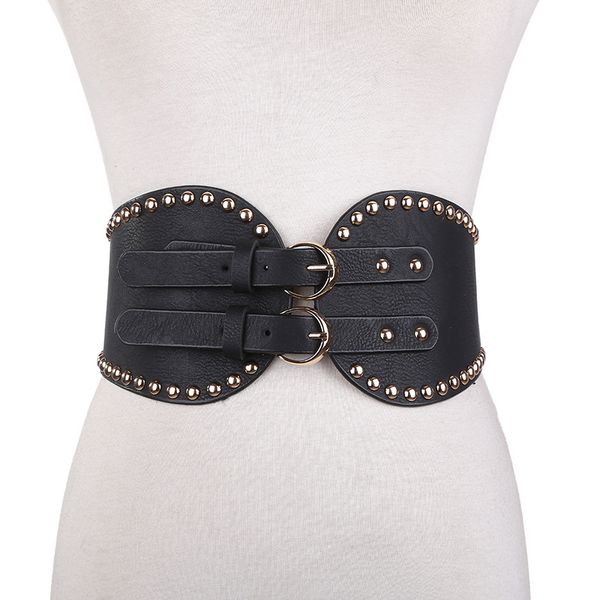 

fashion europe wide waist belts for women wide dress belts designer double buckle rivets leather waistband waist accessory, Black;brown