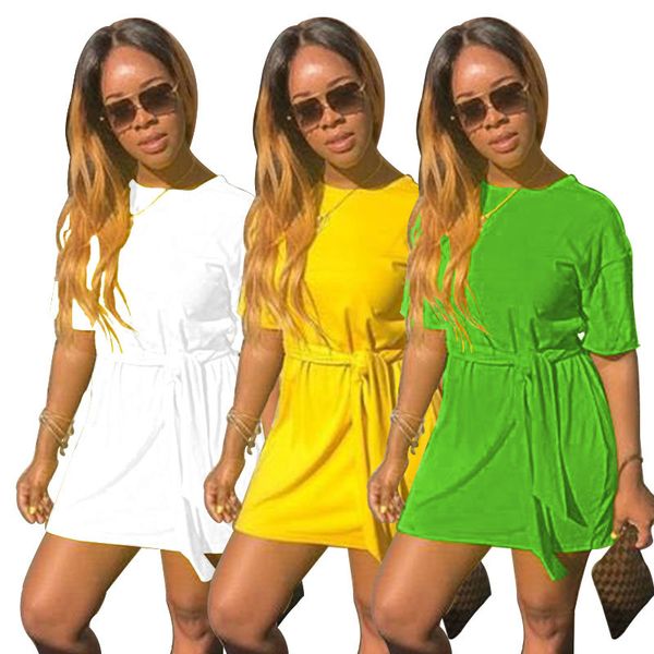 

scoop neck short sleeve t shirt dress 2019 summer women solid color party club robe casual bow sashes short vestidos nzk-1767, White;black