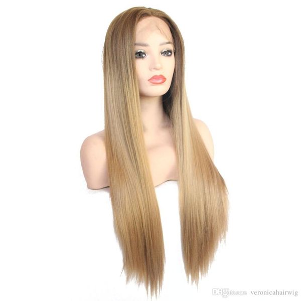 Sexy Dark Brown Ombre Honey Blonde Hair Wig Hand Tied Heat