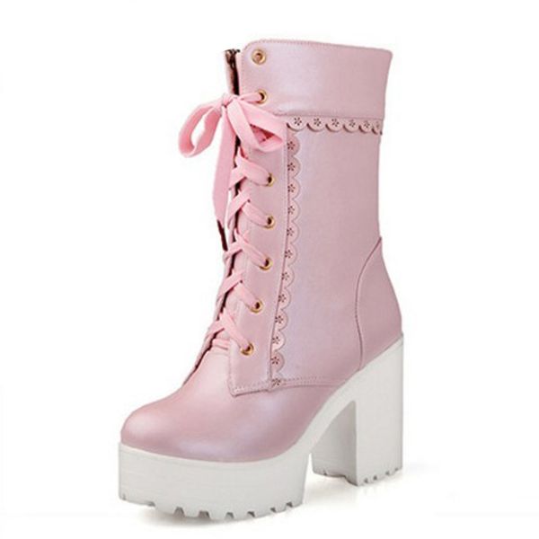 

pink white lace up high heel student shoes platform chunky block mid calf short boots women plus size, Black