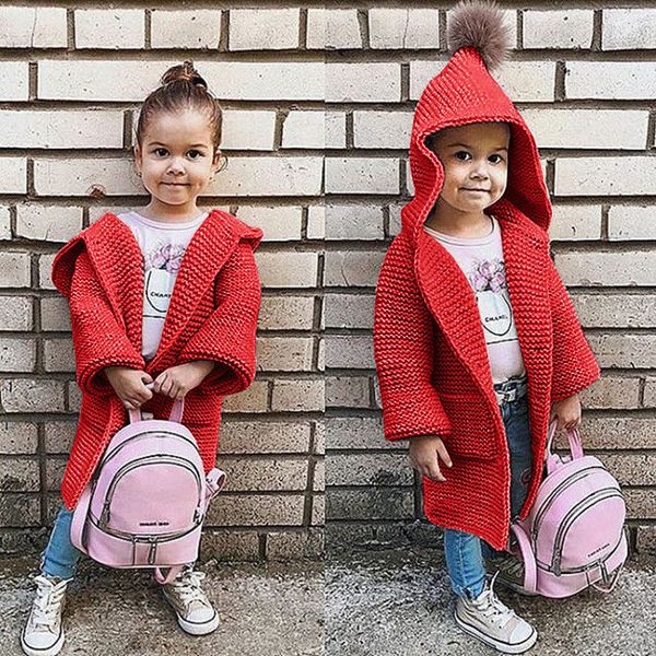 

kids hooded cardigan baby girls long sleeve loose sweater coat children solid knitted clothes, Blue