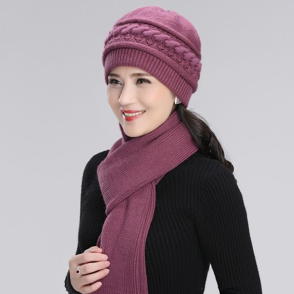 

wool knitted hat women winter warm elegant scarf grandmother mother christmas gift middle-aged elderly female fashion cap h7165, Blue;gray
