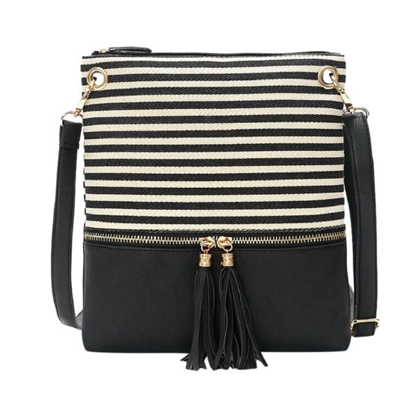 

2019 new stripe crossbody bags women stitching shoulder bag female simple tassel canvas messenger bag ladies shopping handbag