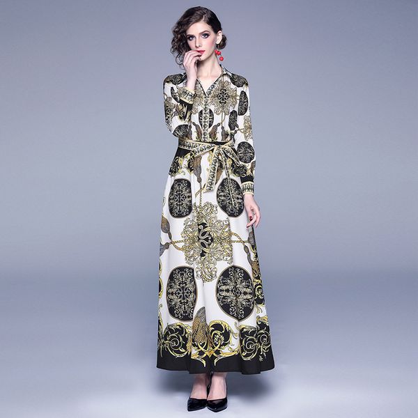 

spring autumn vintage dress dresses women fringed abstract flower pattern long sleeve shirt ankle-length elegant dress, White