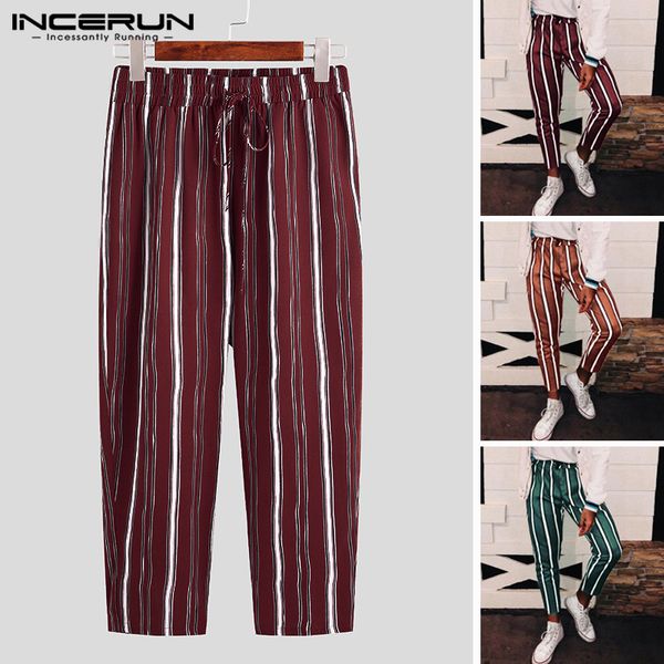 

incerun men fashion stripes lacing slim pants business casual style pockets trousers men's elegant brand pants camisa plus size, Black
