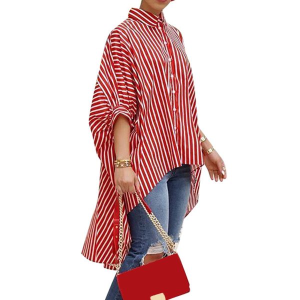 

striped batwing button shirt casual loose autumn fabala irregular, White