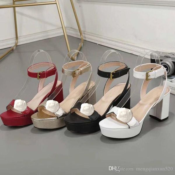 

designer high heeled sandals leather waterproof platform rough heel leather fashion woman shoes metal buckle parties luxury sandals 42, Black