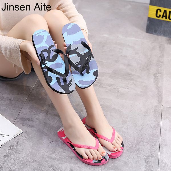 

jinsen aite 2019 new summer couple women and men flip flops camouflage casual beach sandals ladies outdoor slippers slides xl373, Black