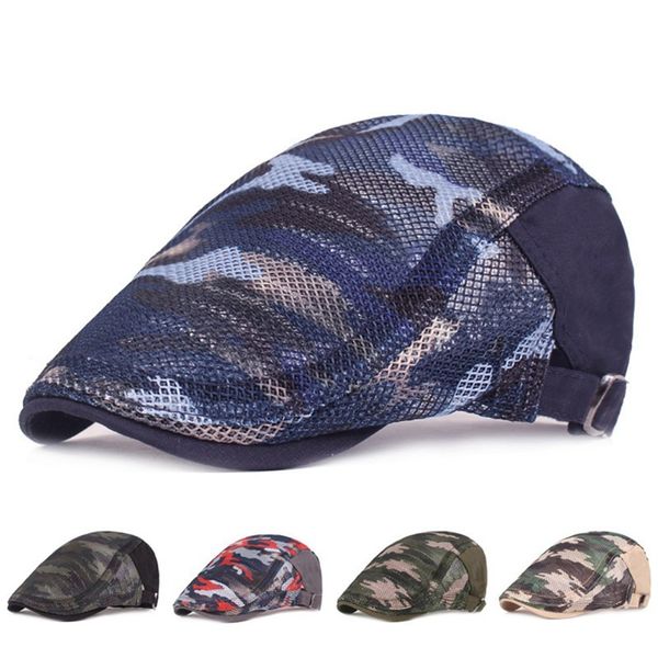 

camouflage summer beret hat breathable mesh men flat cap vintage cabbie newsboy male cap retro brimmed ivy sunhat boina, Blue;gray