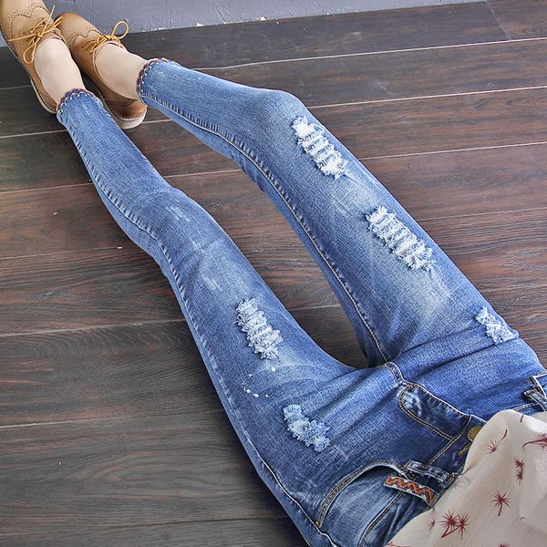 

new women stretch slim elastic high waist broken torn ripped jeans skinny woman pants women's trousers femme wholesale, Blue