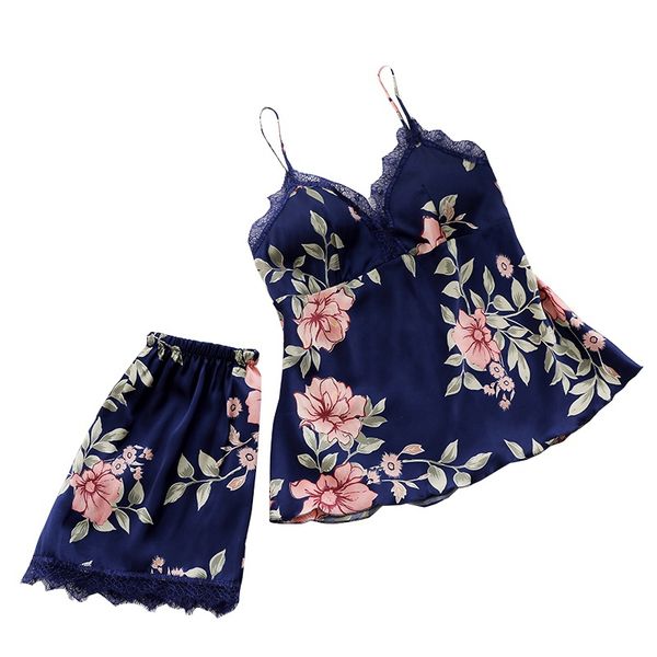 

2019 ice silk 2 piece paint pajamas sets women lace patchwork pajamas sleepwear sleeveless v-neck camis + shorts nightwear, Blue;gray