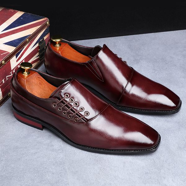 

men leather shoes 2020 new style formal dress wedding shoes red wine british style business office lace-up leather loafers, Black