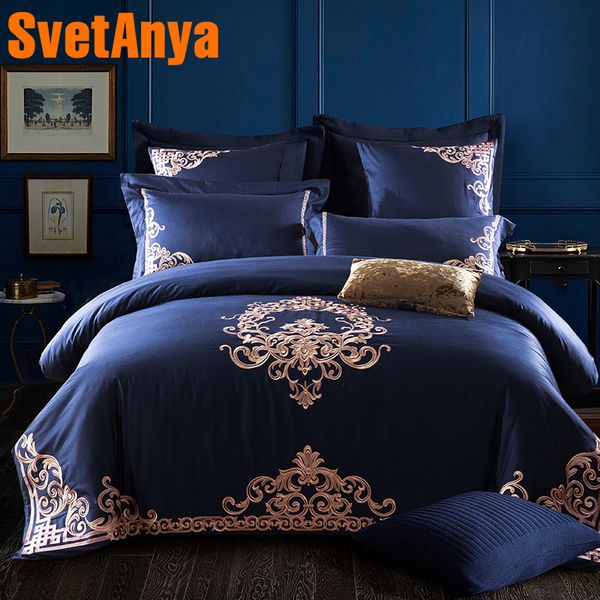 Luxury Deep Blue European Bedding Sets Queen King Size Embroidery