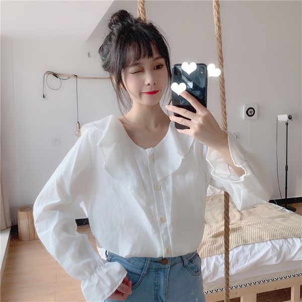 

women shirts ruffles v-neck irregular square buckle blouse shirt white green 7698