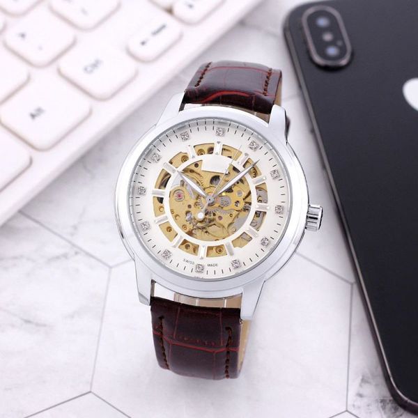 

марка мужские часы полые автоматические механические часы om co axial спорт часы кожа повседневный бизнес ретро наручные relojes hombre, Slivery;brown