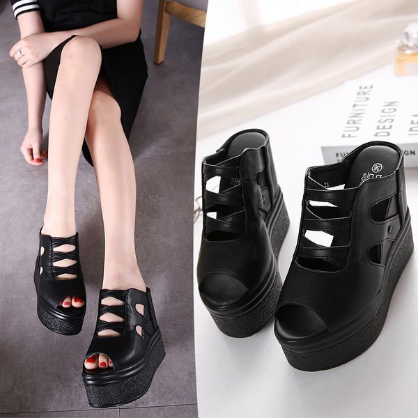 

shoes med women's slippers 2019 platform slides heeled mules on a wedge new heels flat fretwork pumps pu bonded leather wedges, Black